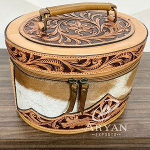 High Quality Designer Hand <b>Tooled</b> Cowhide <b>Leather</b> Makeup Bag Oval Vanity Case Women's Jewelry Box Western Style Travel Organizer - Product Image 1