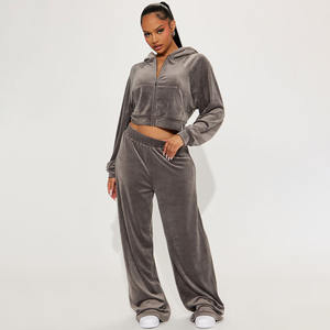 Ensemble de vêtements deux pièces pour femmes en gros, ensemble coordonné en velours personnalisé, sweat-shirt gris confortable et pantalon ample, fabriqué au Pakistan, tenue décontractée - Product Image 1