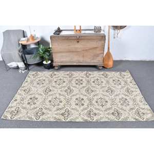 Tapis turc Vintage 4x6,7 pieds Beige marron fait à la main en laine grande surface Patchwork Design pour chambre d'adolescent Rectangle couloir Latex soutenu - Product Image 1