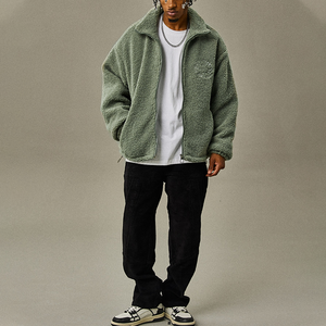 <b>Men</b> <b>Sherpa</b> Fleece <b>Jacket</b> Standard Zip up Coat Embroidered Logo Solid Discharge Printing Regular Fit Autumn Winter Streetwear - Product Image 3