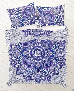 Cover Duvet Mandala bunga Lotus biru, desainer katun India, Set seprai Quilt Queen King nyaman, Set seprai Hippie Bohemian