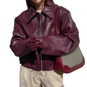 Veste en cuir bordeaux surdimensionnée pour femmes, veste bomber minimaliste moderne, veste en cuir de mouton chic et ample, veste en cuir souple pour femmes - Product Image 2