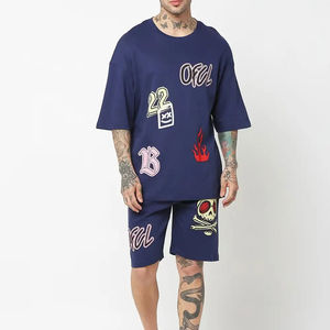 Camiseta y pantalones cortos de punto para hombre con gráfico personalizado de fábrica, logotipo impreso rentable, estilo informal de verano - Product Image 1