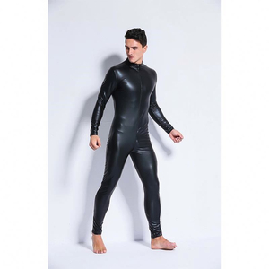 Plus Size High Waist Leather Bondage Catsuit Zipper Black Mens Bodysuit Sexy <b>Vintage</b> Long Sleeve <b>Jumpsuit</b> - Product Image 3