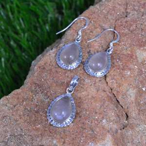 Ensemble de pendentifs de boucles d'oreilles en argent sterling 925 faits à la main en quartz rose naturel personnalisé beau cadeau pour les femmes pour le mariage - Product Image 3