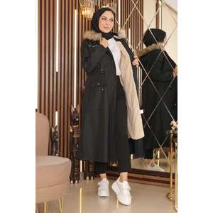 Chaqueta Larga con Detalles de Tiras y Cierre de Cremallera, Cuello Redondo, Mangas Regulares, Estilo Casual, Largo Completo - Product Image 3