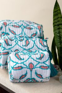 White Florals Quilted Cotton Durable Vintage <b>Bags</b> Set 3 Eco-Friendly Waterproof Large Customizable Size Makeup <b>Storage</b> Cases - Product Image 2