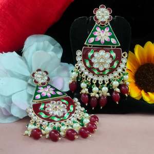 Meenakari Fusion And Kundan <b>Earrings</b> for Girls <b>Pearls</b> Hanging Hand Painted Enamel Work Traditional Artistry Contemporary Flair - Product Image 6