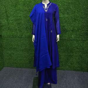 Elegant Anarkali <b>Kurti</b> Set with Divider Palazzo Chinon Dupatta Premium Glass Silk Ethnic Pure Khatali Work <b>Women</b> Royal Blue - Product Image 6