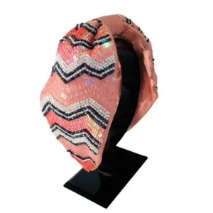 Elegant Chevron Pattern <b>Sequins</b> Beads Stylish Knot-Style Luxury Handmade <b>Sequin</b> Beaded Embroidered Fabric <b>Headband</b> Accessory - Product Image 1