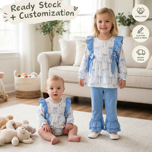Conjunto de ropa para niña OEM/ODM/RTS, túnica con lazo azul claro y pantalones con volantes, conjunto de ropa para niña, mono para bebé, mono para niña pequeña - Product Image 1