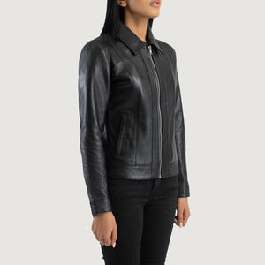 Chaqueta de Cuero Genuino Azul para Mujer, Cuello Alto, Cierre de Cremallera, Hombreras, Estilo Elegante, Corte Entallado - Product Image 2