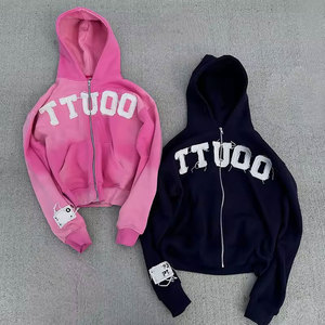 Sweat-shirt unisexe rose à capuche courte, fermeture éclair sur le devant, broderie lettres effet usé, coupe oversize, style décontracté, collection automne - Product Image 3