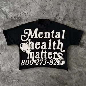 Mental Health Matters Graphics Cropped <b>T</b>-<b>Shirts</b> for Men & Women Y2K Vintage Streetwear Silk Screen Printing Short Sleeves Tops - Product Image 1