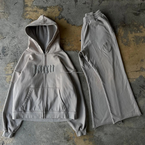Vente en gros de sweats à capuche et pantalons de survêtement évasés avec fermeture à glissière surdimensionnée ensembles survêtement imprimé délavé à l'acide - Product Image 6