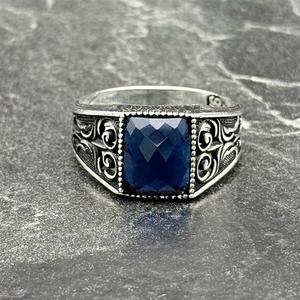 Bold Blue Square Sapphire <b>Ring</b> for <b>Men</b> Sterling <b>Silver</b> Statement Jewelry Perfect Gift for Him - Product Image 2