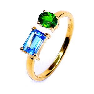 Fashionable 925 <b>Sterling</b> <b>Silver</b> Gold Plated Blue Topaz Chrome Diopside Gemstones <b>Adjustable</b> Two Stone <b>Ring</b> - Product Image 1