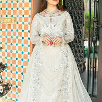 Tissu en filet cousu de couleur blanche, style de robes malaisiennes, broderie complète sur le devant avec pantalon Jamawar
