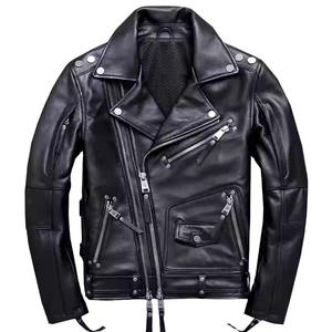 Veste en cuir mince d'automne hiver col montant veste en cuir véritable en gros à la mode pour motos technique de teinture unie - Product Image 1