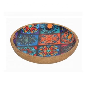 Meilleure vente bol de service rond multicolore en bois avec plateau sculpté 3 pièces ensemble émail écologique occasion de fête en gros - Product Image 2