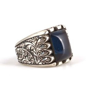 925 Sterling Silver Hand-Engraved Rectangular Men's <b>Ring</b> Geometric Pattern Pressed Amber Stone Rhodium Plated for Everyday Wear - Product Image 2