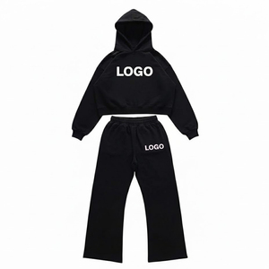 Custom Logo Embroidery <b>Oversize</b> Crop Hoodie & <b>Sweatpants</b> Streetwear Heavyweight 100% Cotton Fleece Tracksuit For Unisex - Product Image 3