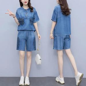 Ensemble 2 pièces pour femmes 2024 Summer Large Size Female Denim Jacket Top Grade Cowboy shorts Ladies 2PCS - Product Image 2