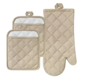 Moufle de cuisine Extra longue couleur crème, OEM, personnalisé 100% coton biologique lin, coussin d'isolation thermique, supports de casseroles chaudes personnalisés - Product Image 1