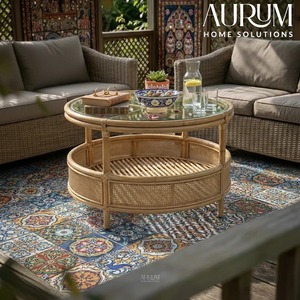 Modern <b>Coffee</b> <b>Table</b> with Circular Design and Natural Rattan (Durable Living Room Furniture Without Glass) - Product Image 3