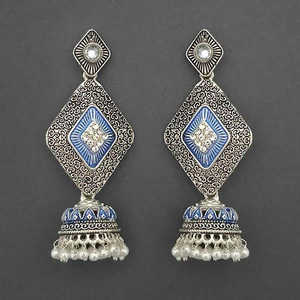 Kriaa <b>Fine</b> <b>Dangle</b> <b>Earrings</b> Silver Plated Stone and Blue Meenakari Matte Dangler Model 1312054C - Product Image 1