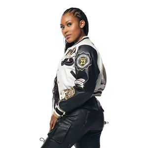 Veste courte d'hiver pour femme, broderie en chenille personnalisée, manches en peau de mouton véritable, respirante, style varsity, streetwear, polaire - Product Image 2