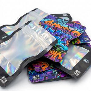 Sachets refermables personnalisés en Mylar holographique noir avec fenêtre transparente, 3,5 g, résistants à l'humidité, pour snacks et bonbons - Product Image 1