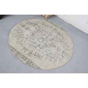 Alfombra de lana turca Beige Vintage de 4,4x4,4 pies, rectángulo clásico de área grande con patrón abstracto para dormitorio, pasillo, respaldo de látex - Product Image 4