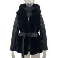 Manteau d'hiver à capuche pour femme grande taille 5XL 2026, en coton noir avec fourrure de lapin, fermeture éclair et ceinture tissée longue