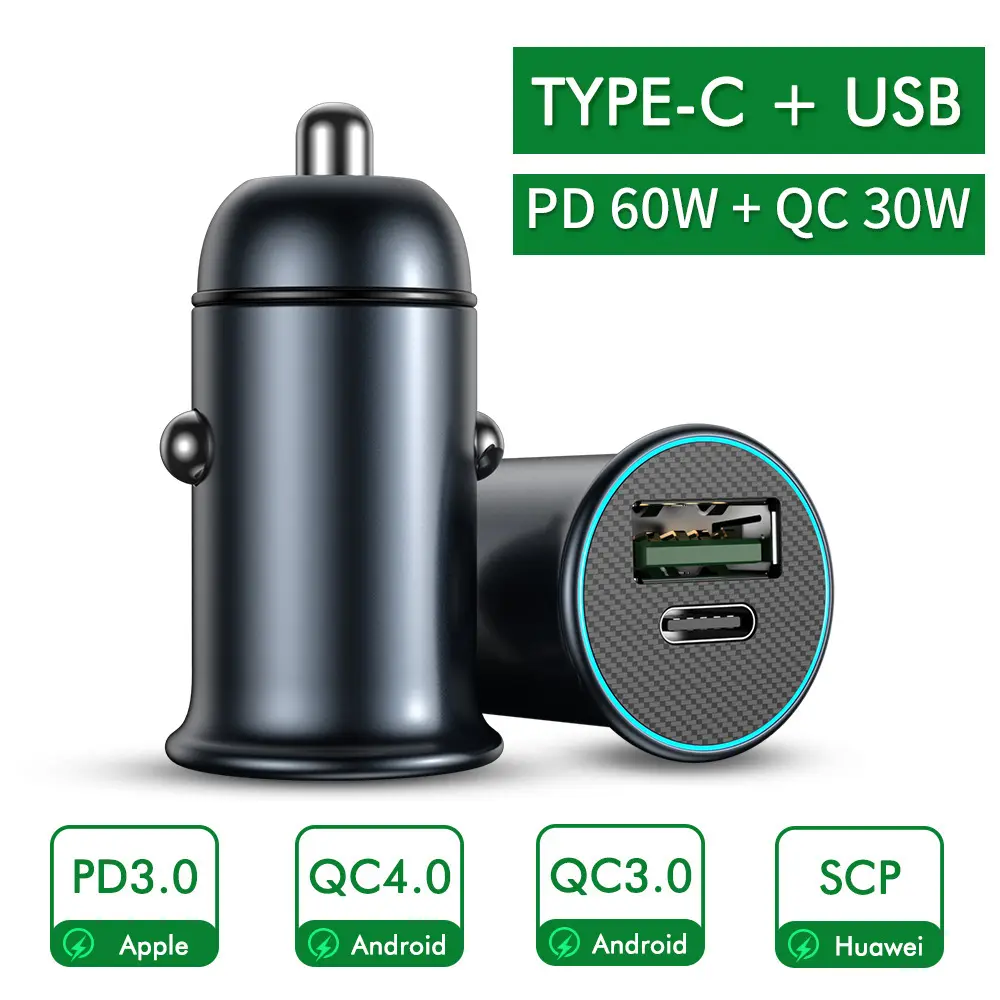 PD 30W QC30W QC3.0 Car Charger PD Car Charger USB-C Plug Suitable for Apple Samsung Huawei Flash Charge QC3.0 Car Charger