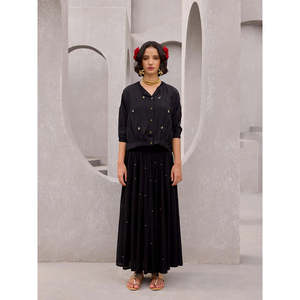 Bohemian Bow Collar <b>Top</b> <b>and</b> <b>Skirt</b> Set-Woven Cotton Blend Summer Autumn Casual - Product Image 3
