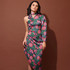Robe mi-longue florale à manches bouffantes pour femmes - Product Image 1