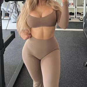 Femmes à manches longues col rond haut court et pantalon évasé Bootleg tenue de sport motif solide Yoga ensemble vêtements de sport survêtement 2 pièces - Product Image 3