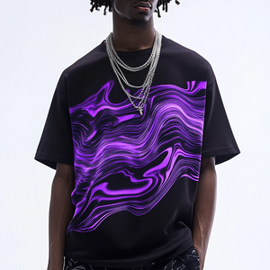 Camiseta negra de gran tamaño personalizada para hombre, estampado abstracto morado, ropa informal cómoda de Hip Hop, frente de gofres de algodón transpirable - Product Image 1