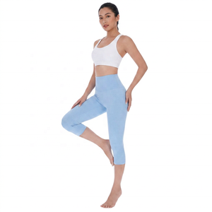<b>Women</b> High Waisted Solid Knee Length Yoga <b>Leggings</b> Elastic Waist Fitness Pants Light <b>Blue</b> - Product Image 2