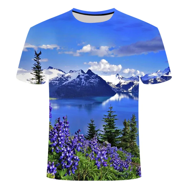 Camisetas estampadas de montañas y ríos para verano, camiseta con patrón de paisaje Natural a la moda, camiseta informal con estampado 3D