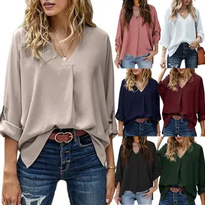 Womens Tops Long Sleeve V Neck Blouses for Tunic OL Office Blouses Latest Tops Designs Girls T-Shirt S-2XL