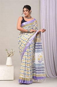 Puro Lino Seda Sarees Tradicional Impresión Digital PALLU con BLUSA - Product Image 6