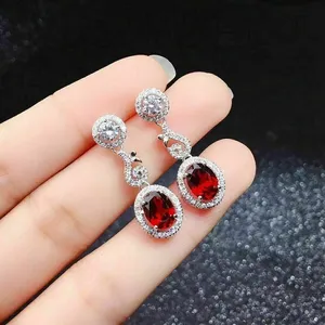 3 Ct Oval Cut Moissanite Red Garnet Drop & <b>Dangle</b> <b>Earrings</b> 925 Sterling <b>Silver</b> Trendy Claw Setting for Engagement & Party - Product Image 2
