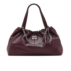 Deep plum slouchy leather bag with chain detail and key charm. Available at wholesale prices. - Product Image 1