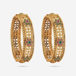 188971 Women's Antique Fashion Bangle with Gold Polish Flower Shape Bezel Setting <b>Ruby</b>-Green Stones for Wedding - Product Image 1