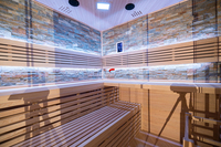 Sauna infrarouge commercial grand format pour 8 personnes avec bacs à vapeur optionnels, cabine en verre d'angle et filtre traditionnel