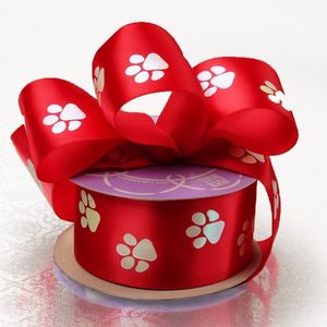Solid <b>Red</b> Paw Print Satin <b>Ribbon</b> Roll Floral Style for Birthday Gift Wrapping and Packaging Made of Durable Polyester - Product Image 3