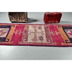 Vintage Turkish Rug, 3.4x11.7 ft <b>Runner</b> Rug, <b>Red</b> Blue Check Wool Rug - Product Image 3