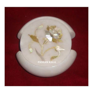 Best Online Selling Item <b>White</b> Marble Inlay Mother of Pearl <b>Coaster</b> Set Round Shape for Home and Kitchen Decoration Supplier - Product Image 1
